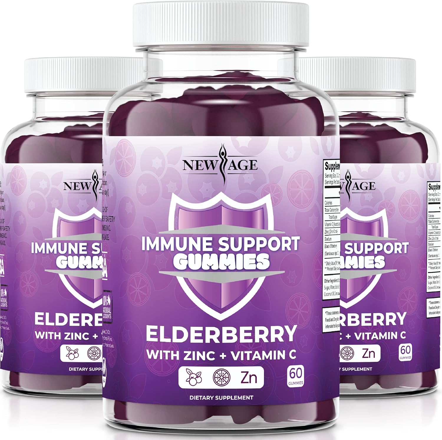 NEW AGE Sambucus Black Elderberry Gummies with Vitamin C & Zinc – Immune System Support 120 Count (Pack of 2)
