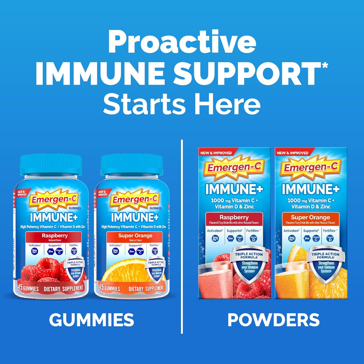 Emergen-C Immune+ Triple Action Gummies with 1000mg Vitamin C – Super Orange 45 Count