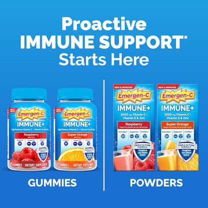 Emergen-C Immune+ Triple Action Gummies with 1000mg Vitamin C – Super Orange 45 Count