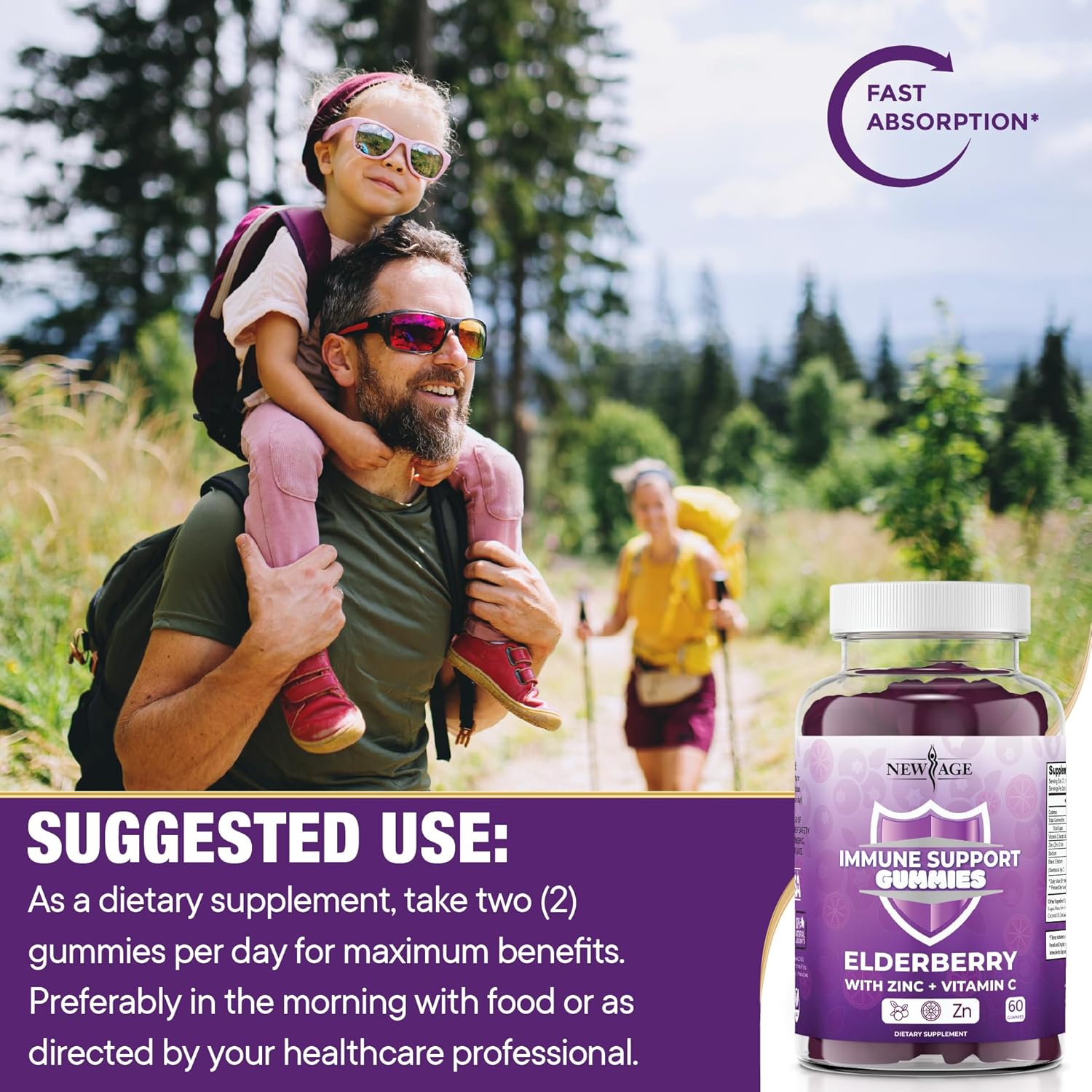 NEW AGE Sambucus Black Elderberry Gummies with Vitamin C & Zinc – Immune System Support 120 Count (Pack of 2)