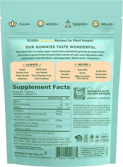 Plant People WonderCalm Mushroom Gummies with Ashwagandha, Reishi & L-Theanine – Sugar Free Vegan Stress Relief Supplement – Peach Flavor, 60 Count