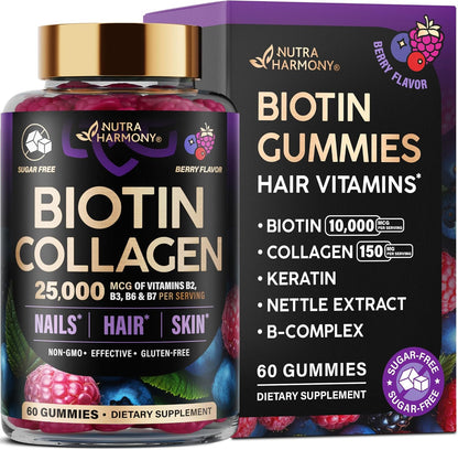 Biotin Collagen Gummies 25,000mcg with Keratin – Hair, Skin & Nails Support with Biotin 10,000mcg, B-Complex & Nettle – Sugar-Free, 60 Gummies