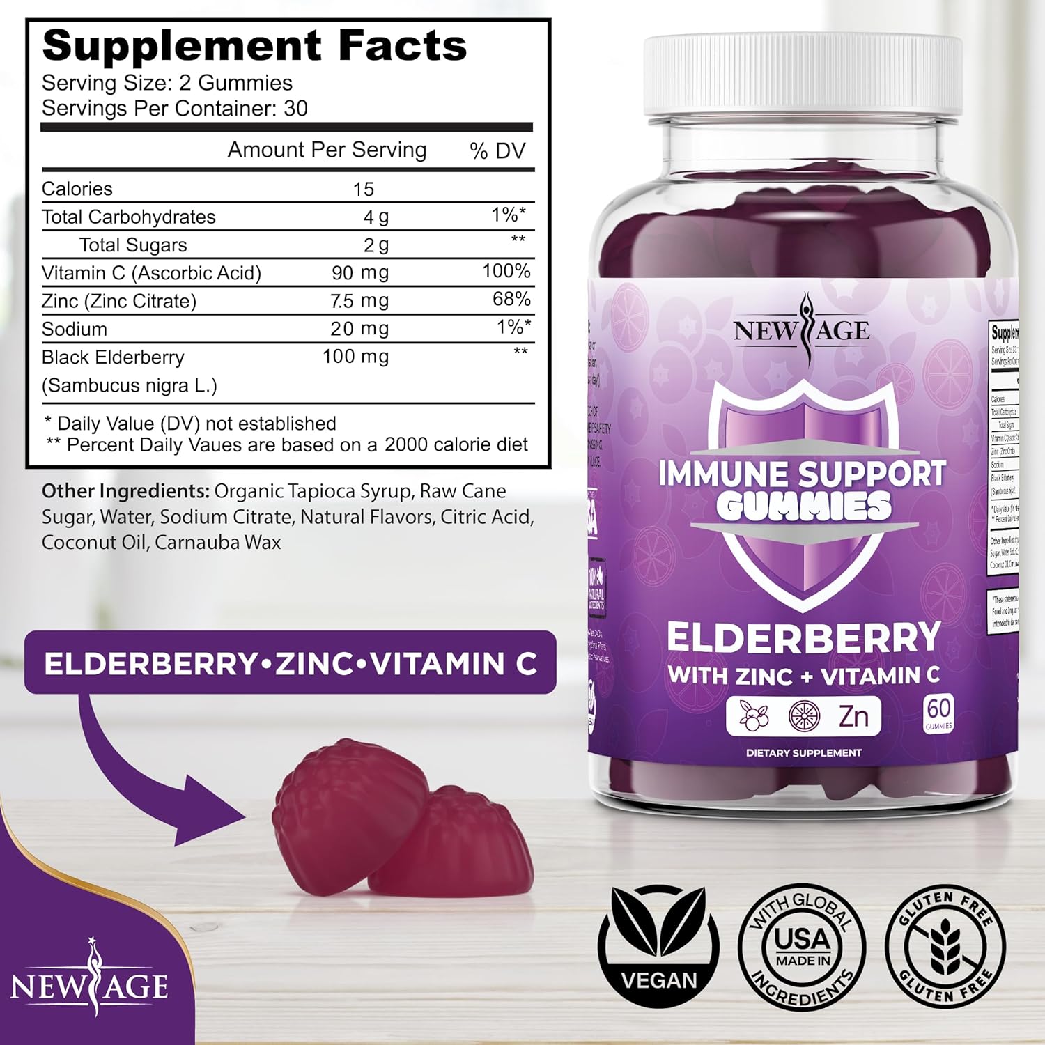 NEW AGE Sambucus Black Elderberry Gummies with Vitamin C & Zinc – Immune System Support 120 Count (Pack of 2)