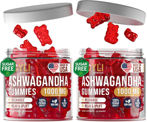 Ashwagandha Gummies for Stress Relief – 1000mg Herbal Supplement with Vitamin C & Zinc – Sugar Free Vegan Calm & Mood Support – 60 Count