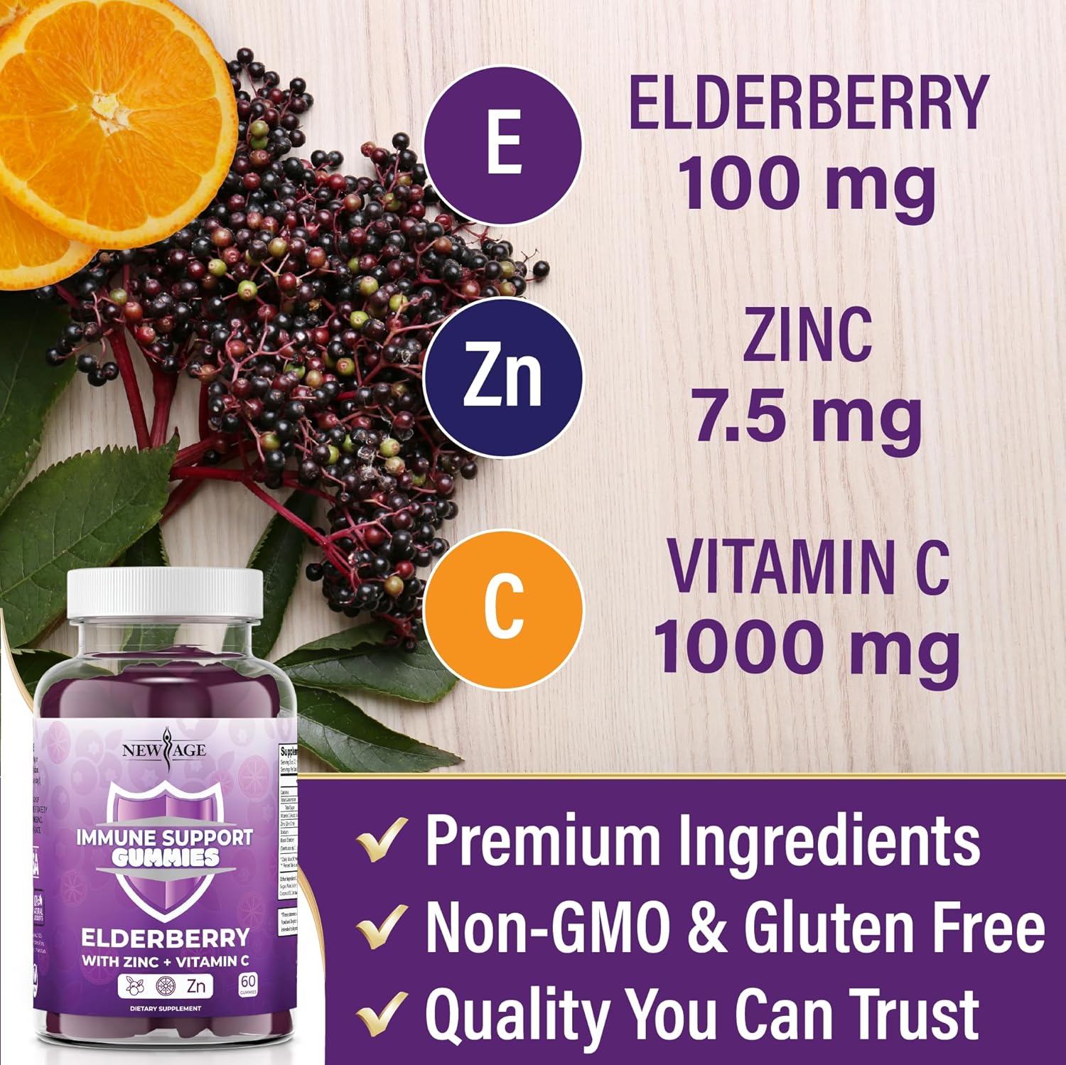 NEW AGE Sambucus Black Elderberry Gummies with Vitamin C & Zinc – Immune System Support 120 Count (Pack of 2)