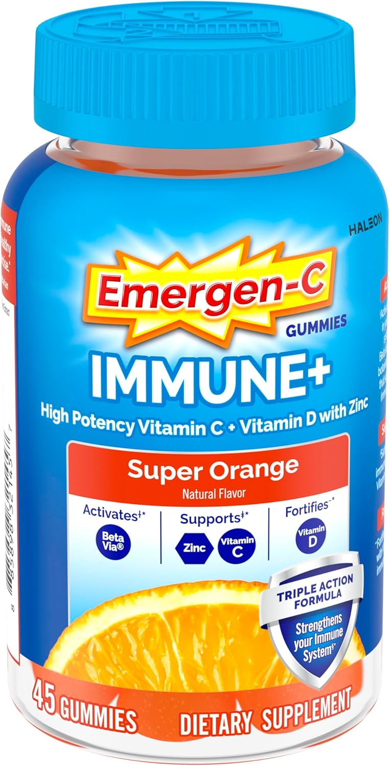 Emergen-C Immune+ Triple Action Gummies with 1000mg Vitamin C – Super Orange 45 Count