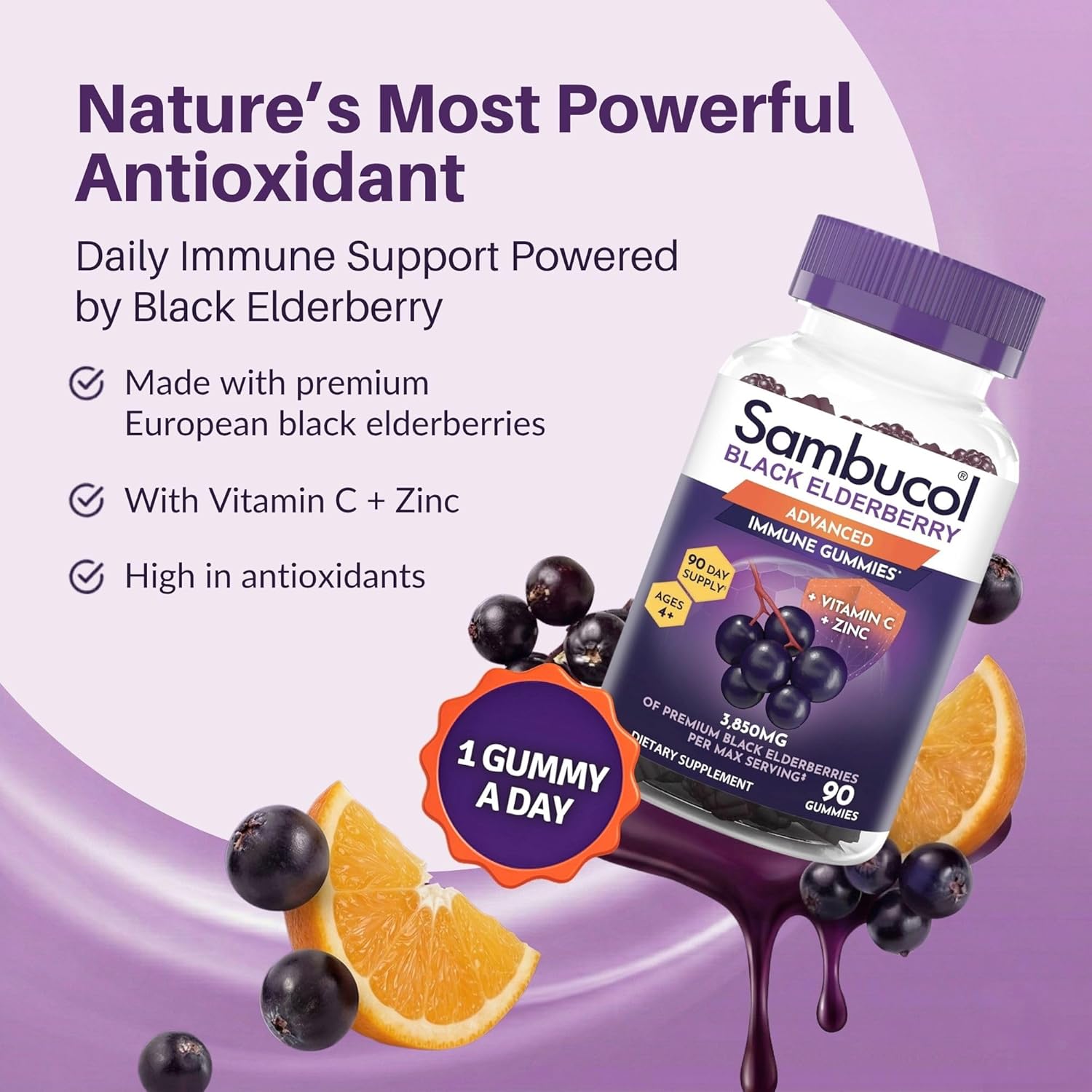 Sambucol Elderberry Gummies with Vitamin C & Zinc – Immune Support Supplement for Adults & Kids, 90 Count
