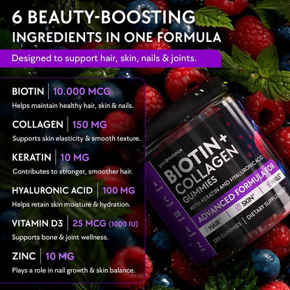 Biotin Gummies 10000mcg for Hair Growth Support – Sugar Free Multi Collagen with Keratin, Silica & Hyaluronic Acid – Hair Skin & Nails Vitamins – 120 Count