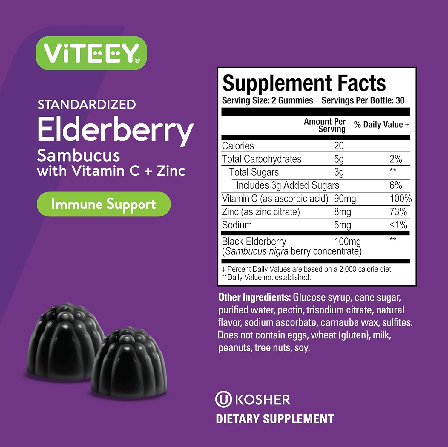 Viteey Sambucus Elderberry Gummies for Adults – Elderberry Vitamin C and Zinc Immunity Gummies - Vegan, Gluten-Free – 120 Count