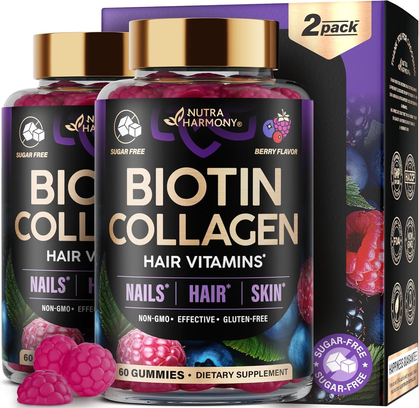 Biotin Collagen Gummies 25,000mcg with Keratin – Hair, Skin & Nails Support with Biotin 10,000mcg, B-Complex & Nettle – Sugar-Free, 60 Gummies