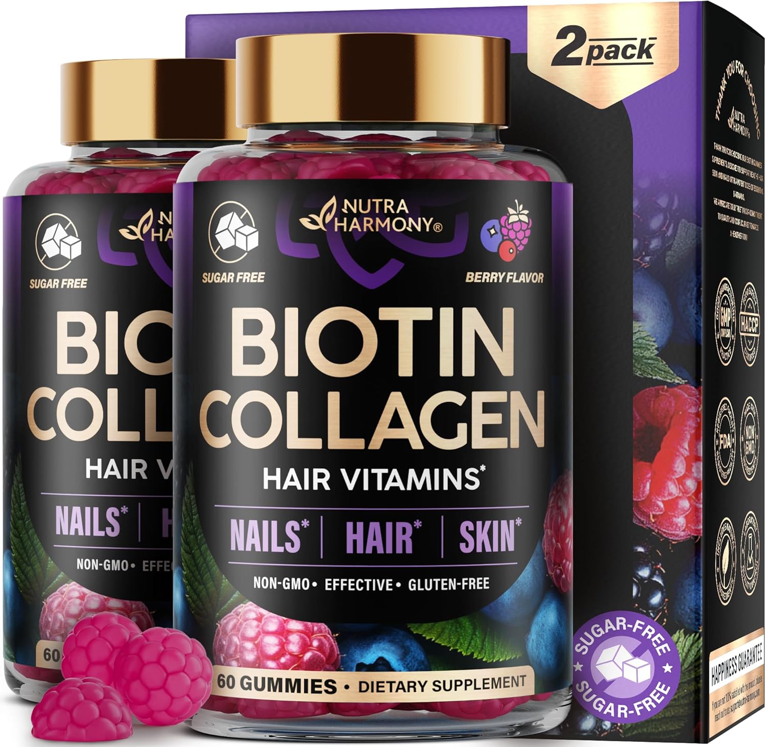 Biotin Collagen Gummies 25,000mcg with Keratin – Hair, Skin & Nails Support with Biotin 10,000mcg, B-Complex & Nettle – Sugar-Free, 60 Gummies