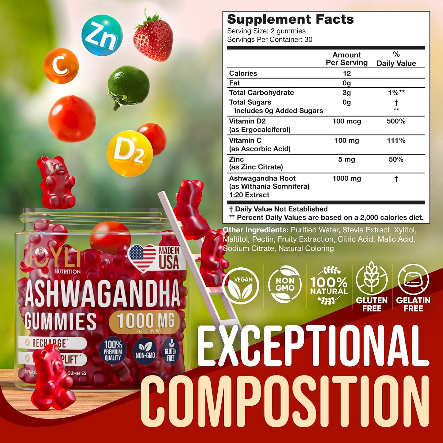 Ashwagandha Gummies for Stress Relief – 1000mg Herbal Supplement with Vitamin C & Zinc – Sugar Free Vegan Calm & Mood Support – 60 Count