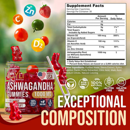 Ashwagandha Gummies for Stress Relief – 1000mg Herbal Supplement with Vitamin C & Zinc – Sugar Free Vegan Calm & Mood Support – 60 Count