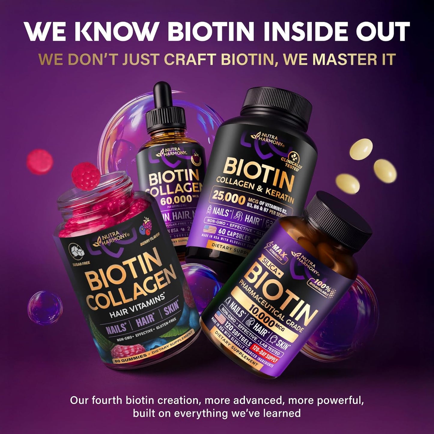 Biotin Collagen Gummies 25,000mcg with Keratin – Hair, Skin & Nails Support with Biotin 10,000mcg, B-Complex & Nettle – Sugar-Free, 60 Gummies