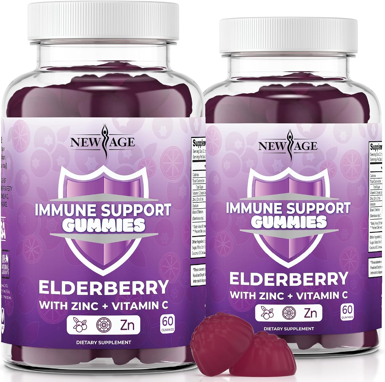 NEW AGE Sambucus Black Elderberry Gummies with Vitamin C & Zinc – Immune System Support 120 Count (Pack of 2)
