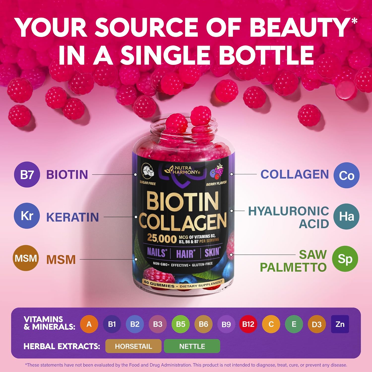 Biotin Collagen Gummies 25,000mcg with Keratin – Hair, Skin & Nails Support with Biotin 10,000mcg, B-Complex & Nettle – Sugar-Free, 60 Gummies