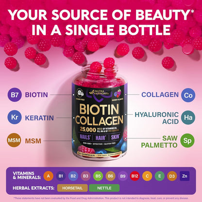 Biotin Collagen Gummies 25,000mcg with Keratin – Hair, Skin & Nails Support with Biotin 10,000mcg, B-Complex & Nettle – Sugar-Free, 60 Gummies