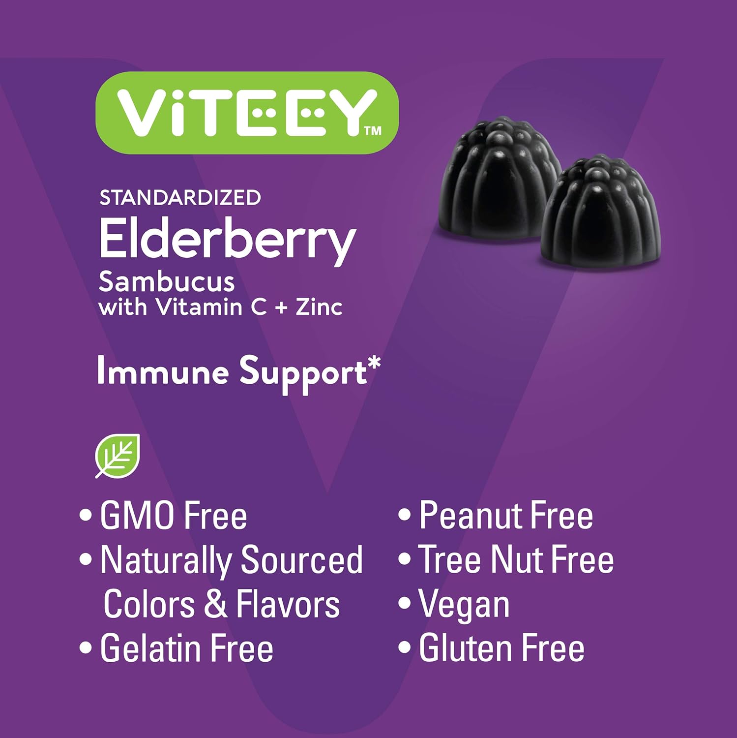Viteey Sambucus Elderberry Gummies for Adults – Elderberry Vitamin C and Zinc Immunity Gummies - Vegan, Gluten-Free – 120 Count