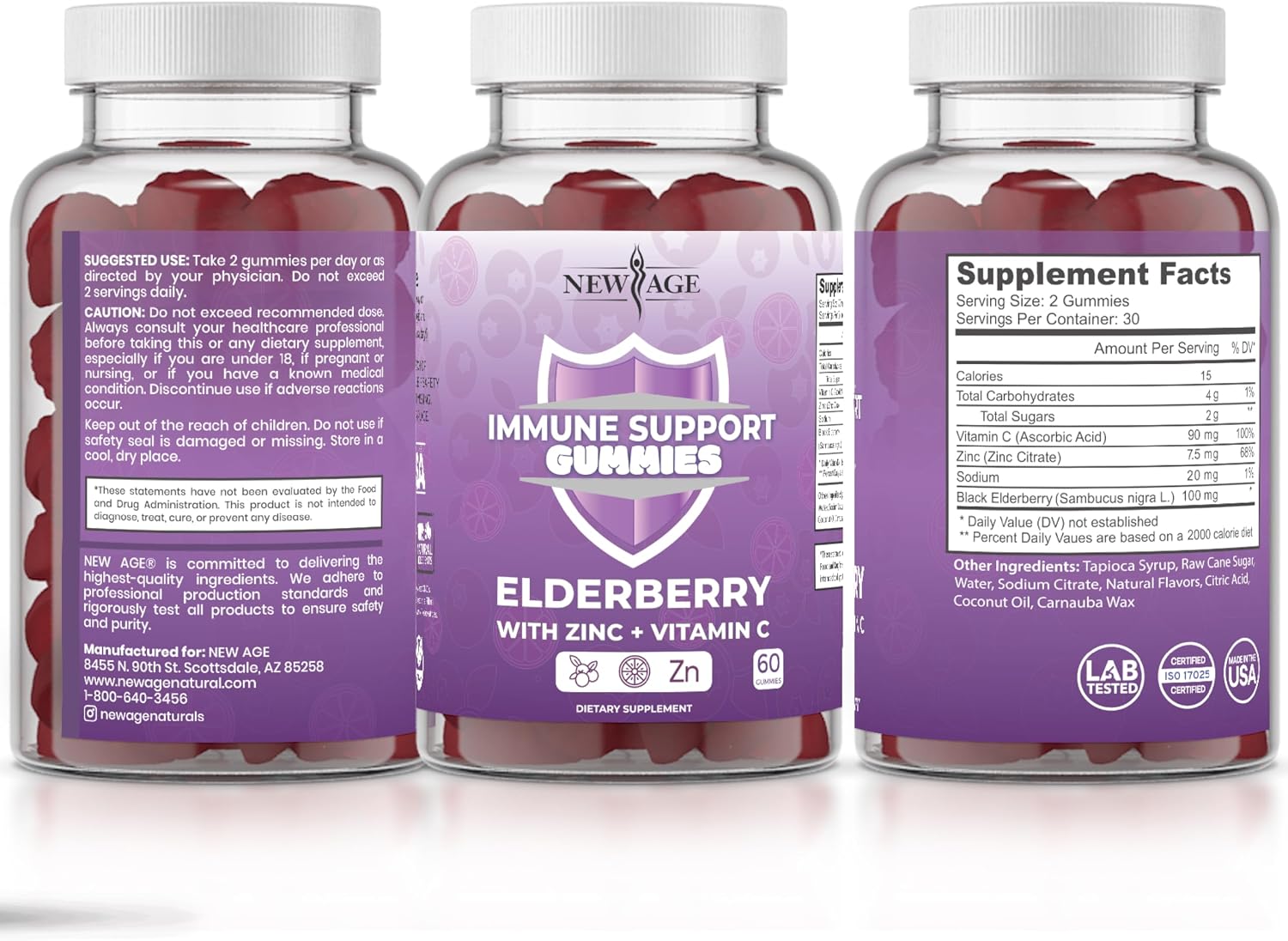 NEW AGE Sambucus Black Elderberry Gummies with Vitamin C & Zinc – Immune System Support 120 Count (Pack of 2)