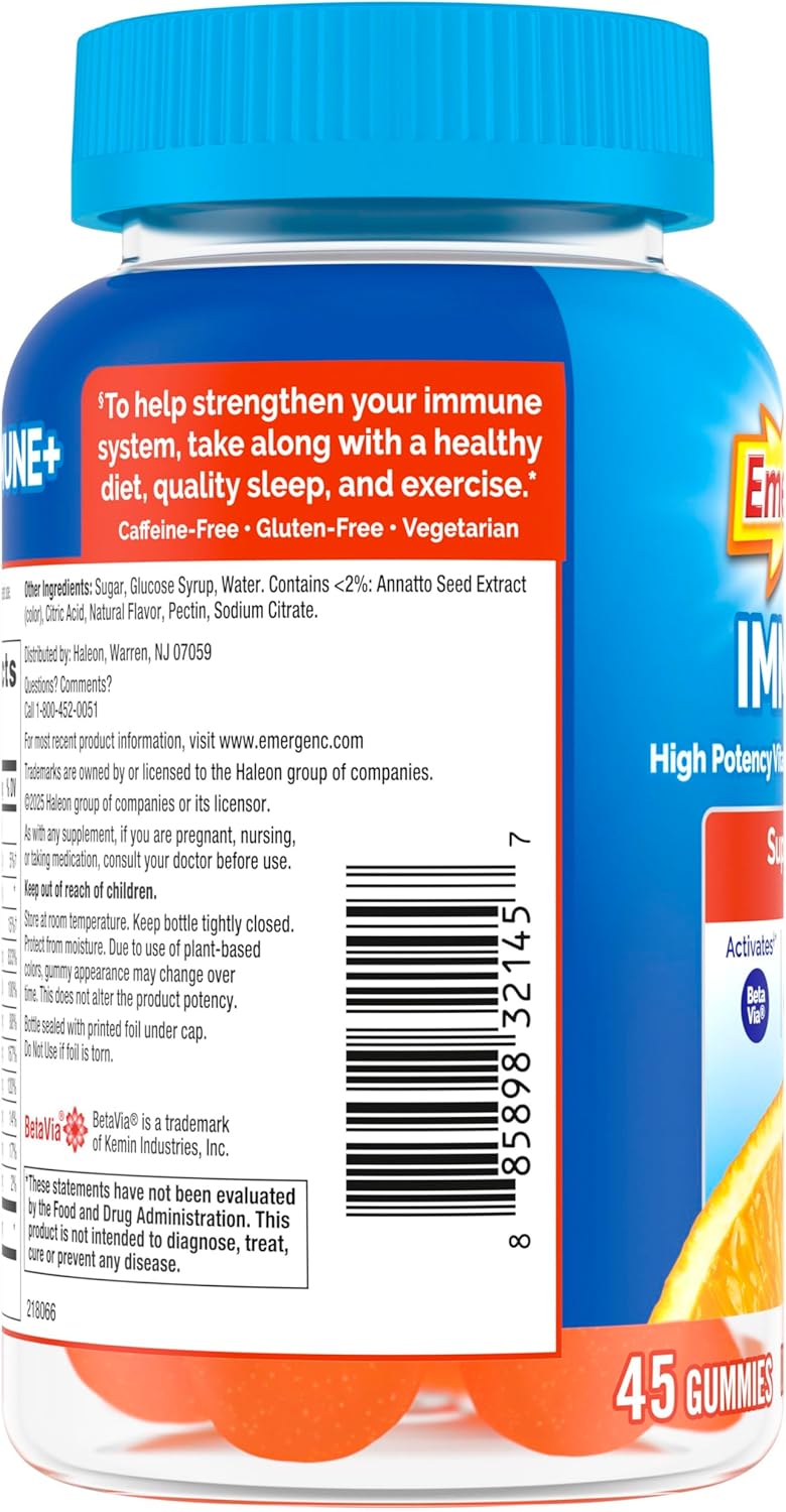 Emergen-C Immune+ Triple Action Gummies with 1000mg Vitamin C – Super Orange 45 Count