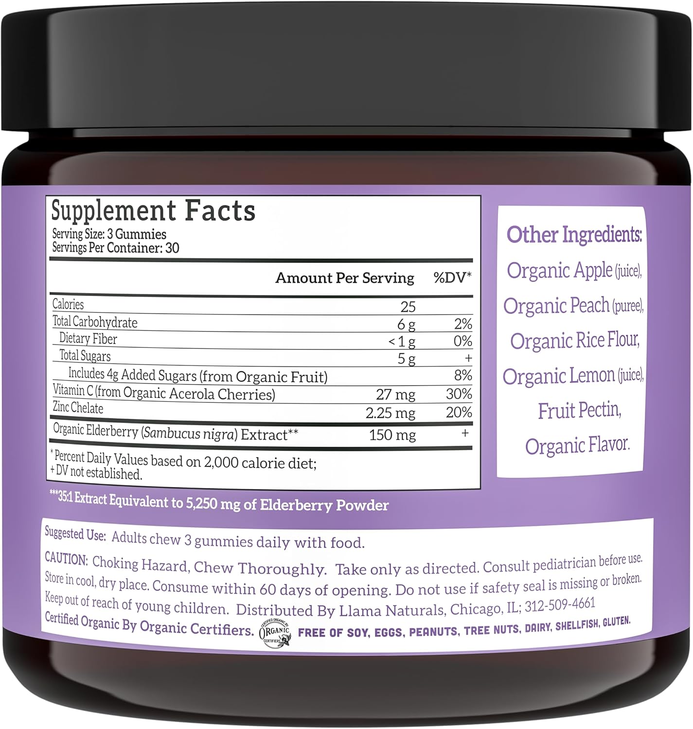 Llama Naturals Organic Elderberry Gummies with Vitamin C & Zinc – Vegan Immune Support 90 Count