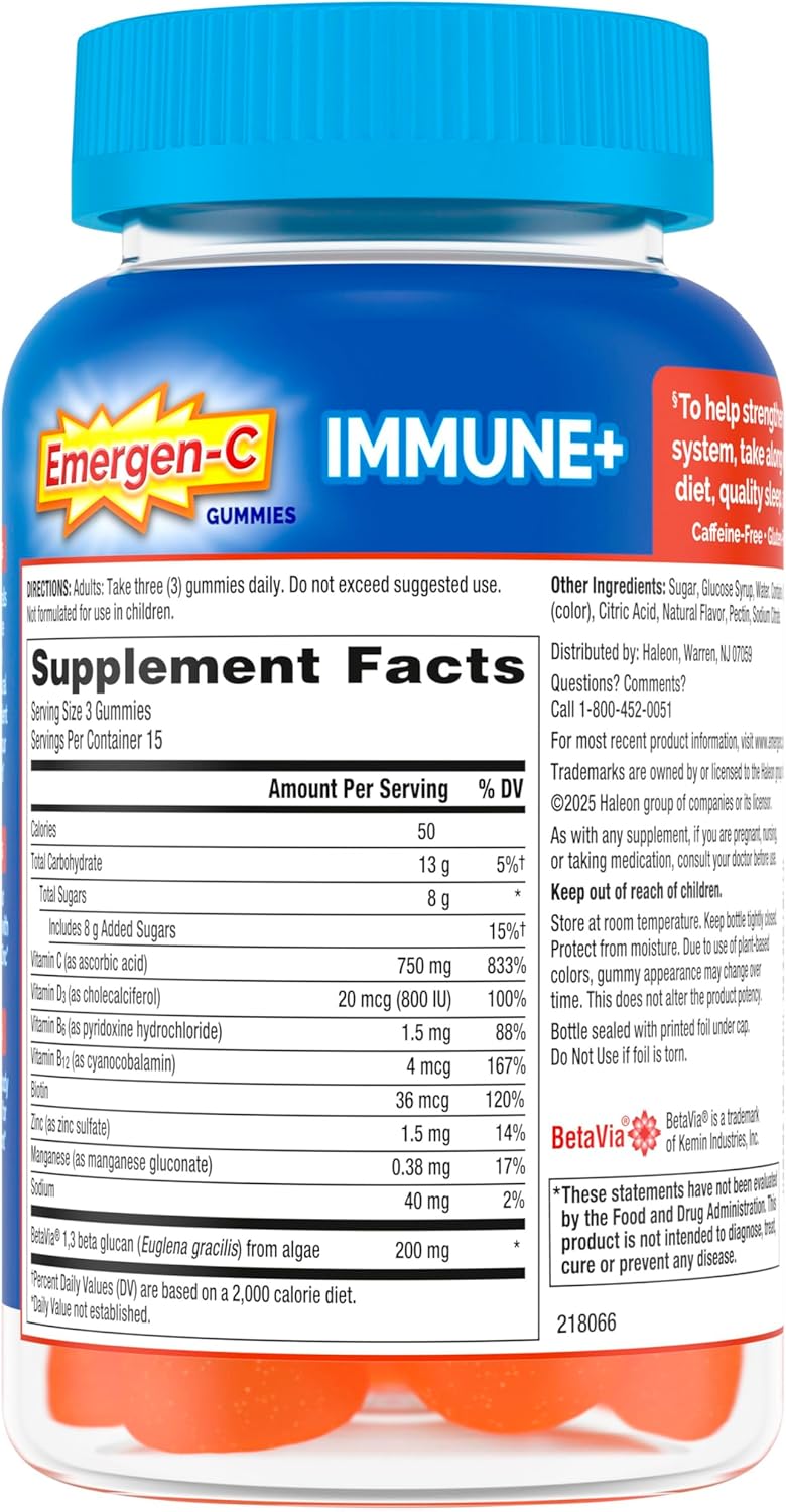 Emergen-C Immune+ Triple Action Gummies with 1000mg Vitamin C – Super Orange 45 Count