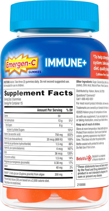 Emergen-C Immune+ Triple Action Gummies with 1000mg Vitamin C – Super Orange 45 Count