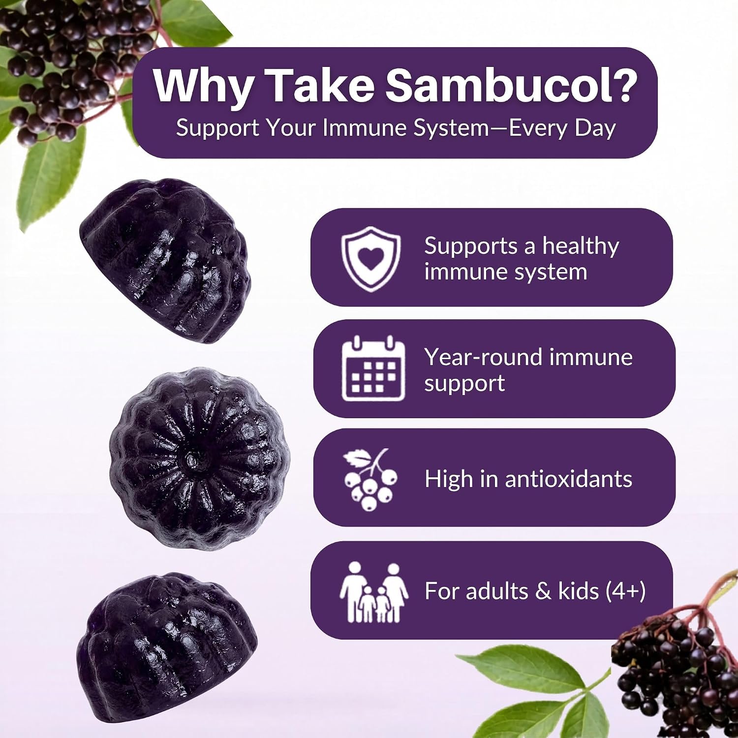 Sambucol Elderberry Gummies with Vitamin C & Zinc – Immune Support Supplement for Adults & Kids, 90 Count