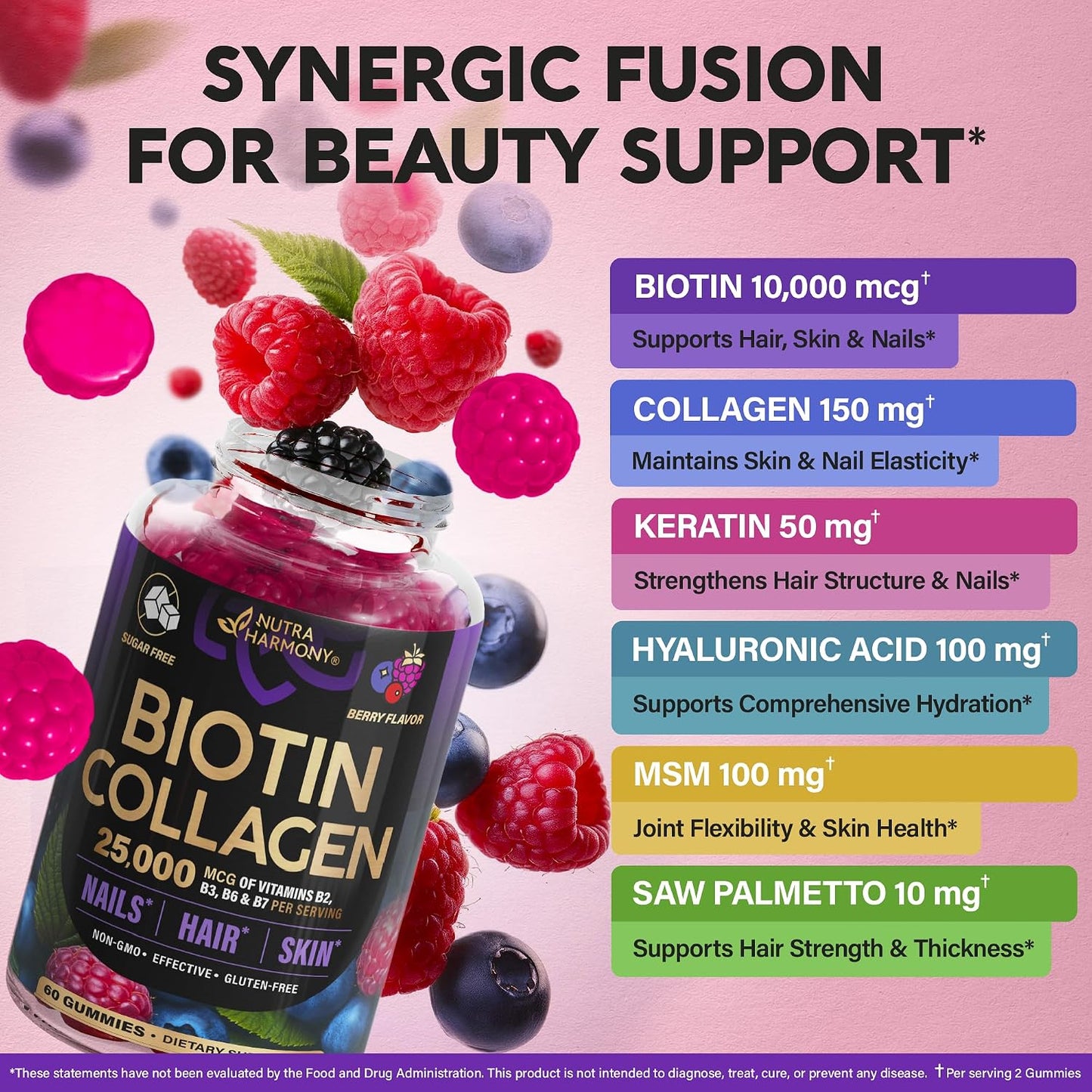 Biotin Collagen Gummies 25,000mcg with Keratin – Hair, Skin & Nails Support with Biotin 10,000mcg, B-Complex & Nettle – Sugar-Free, 60 Gummies