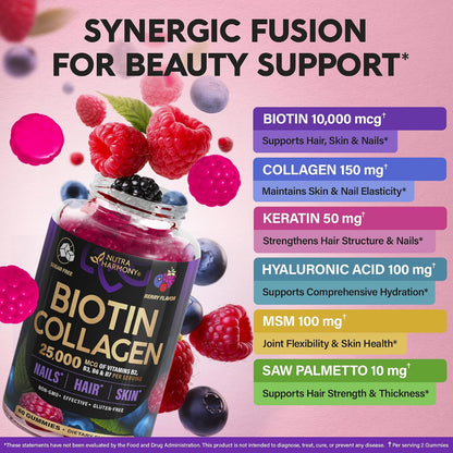 Biotin Collagen Gummies 25,000mcg with Keratin – Hair, Skin & Nails Support with Biotin 10,000mcg, B-Complex & Nettle – Sugar-Free, 60 Gummies