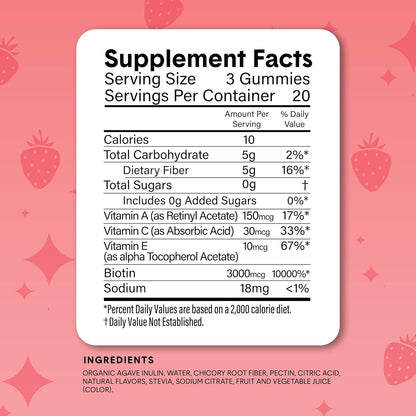 Bellway Super Fiber Gummies + Beauty – Sugar Free Fiber Supplement with Biotin & Vitamins A C E – Supports Digestive Health, Skin, Hair & Nails – Strawberry Lemon, 60 Count