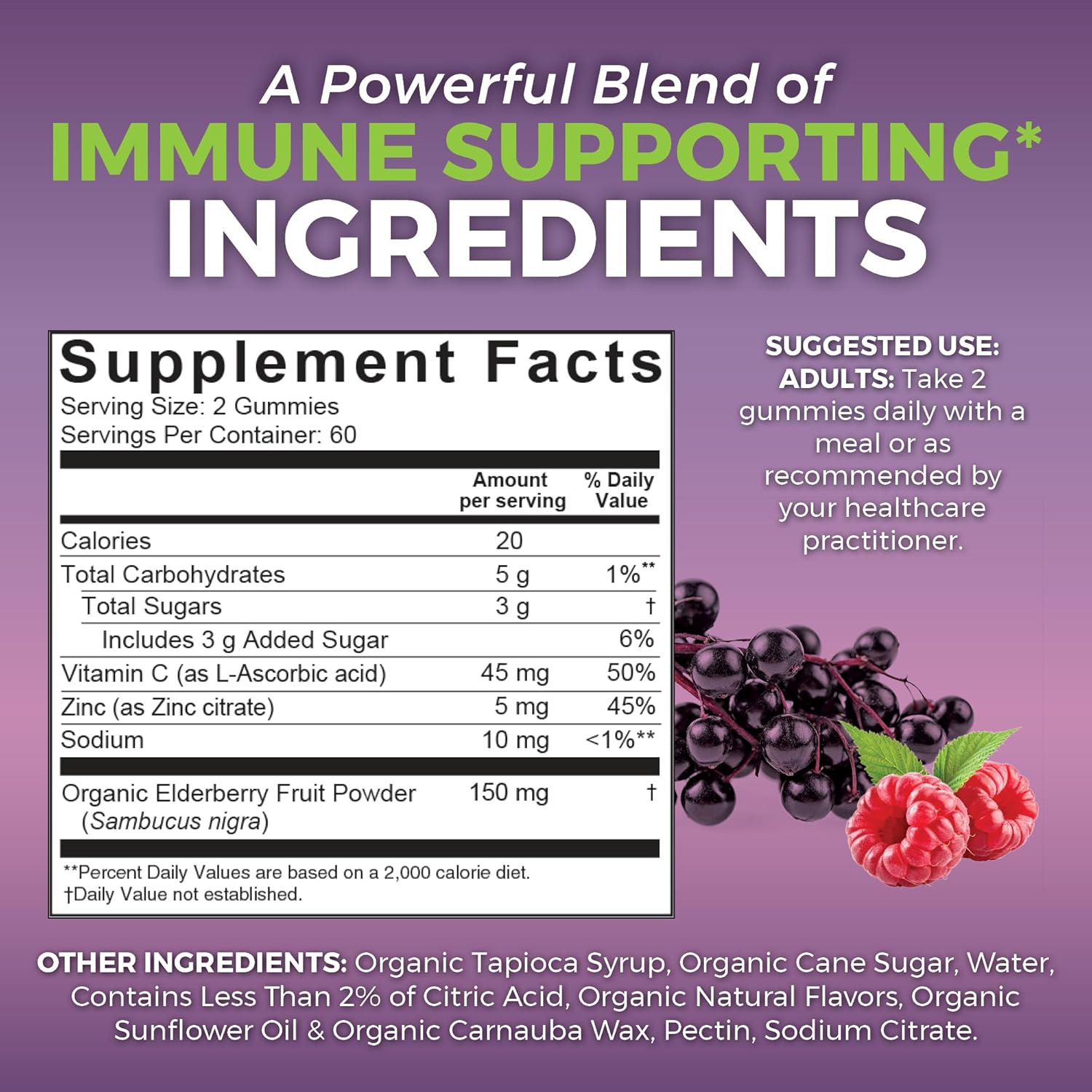 Vivanaturals Elderberry Vitamin C & Zinc Immune Support Gummies – Organic Raspberry 120 Count