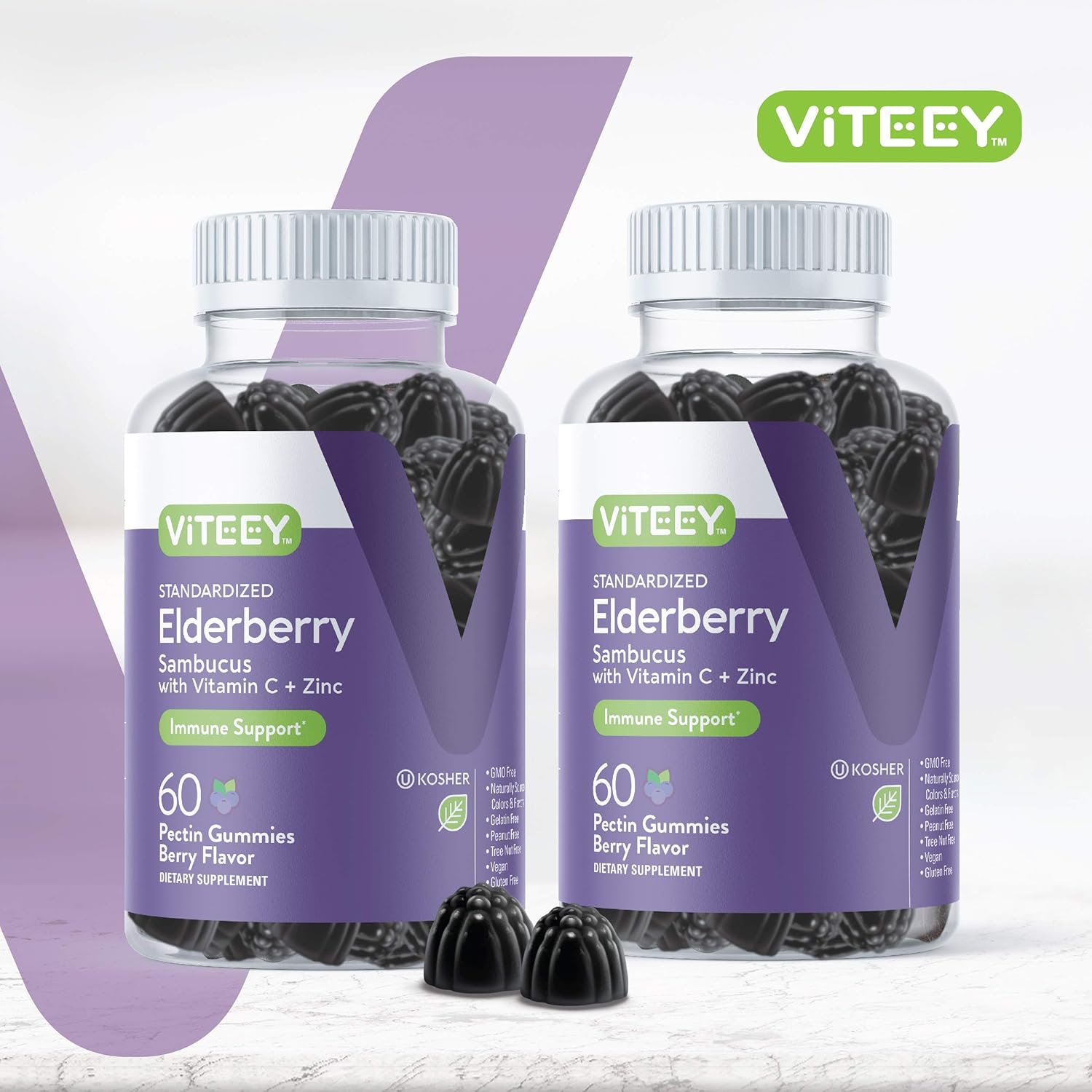 Viteey Sambucus Elderberry Gummies for Adults – Elderberry Vitamin C and Zinc Immunity Gummies - Vegan, Gluten-Free – 120 Count