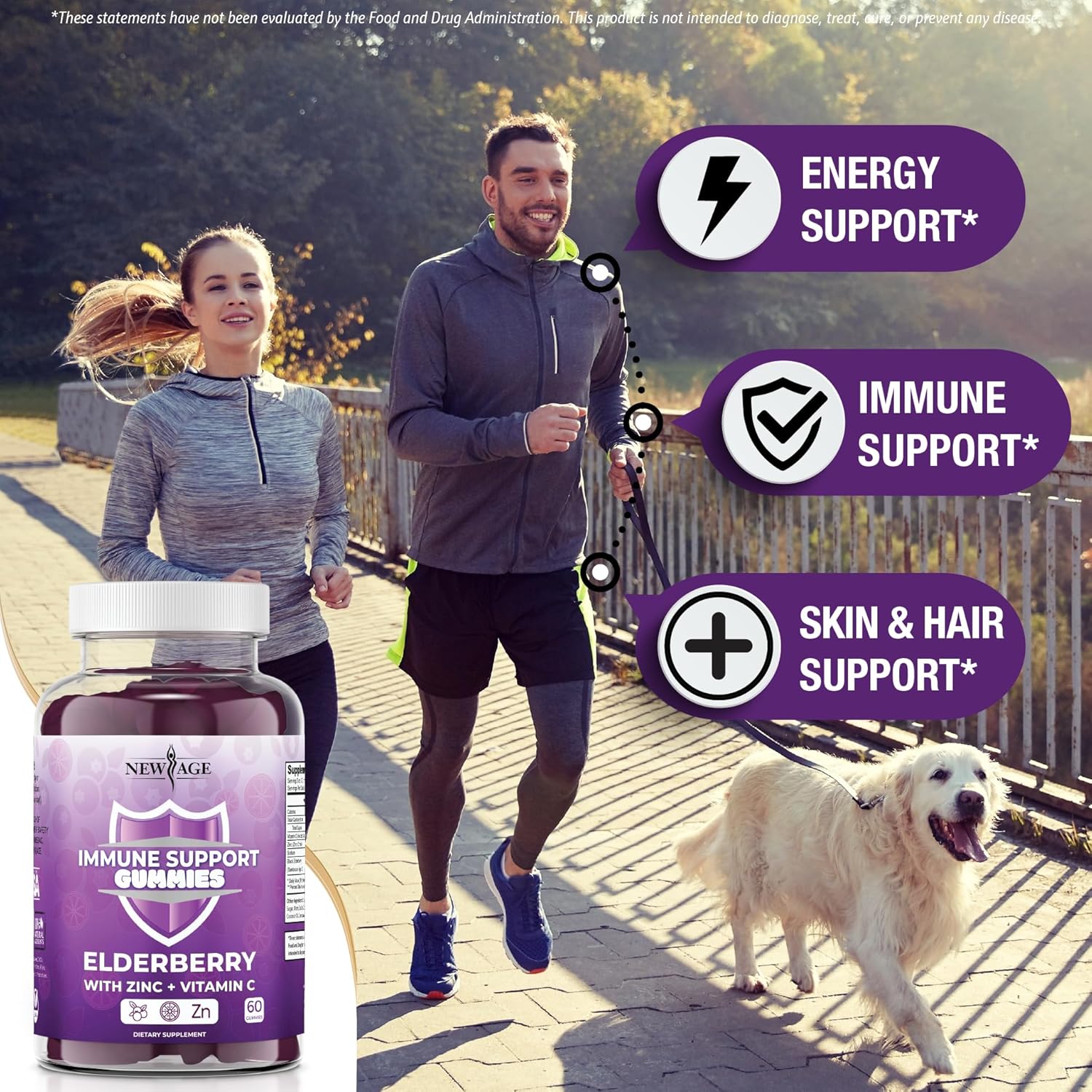 NEW AGE Sambucus Black Elderberry Gummies with Vitamin C & Zinc – Immune System Support 120 Count (Pack of 2)