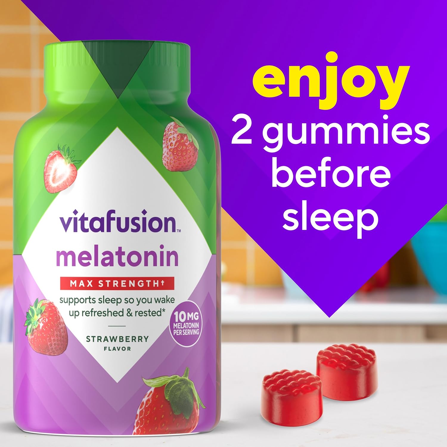 Vitafusion Max Strength 10mg Melatonin Gummies – Strawberry Sleep Support 100 Count