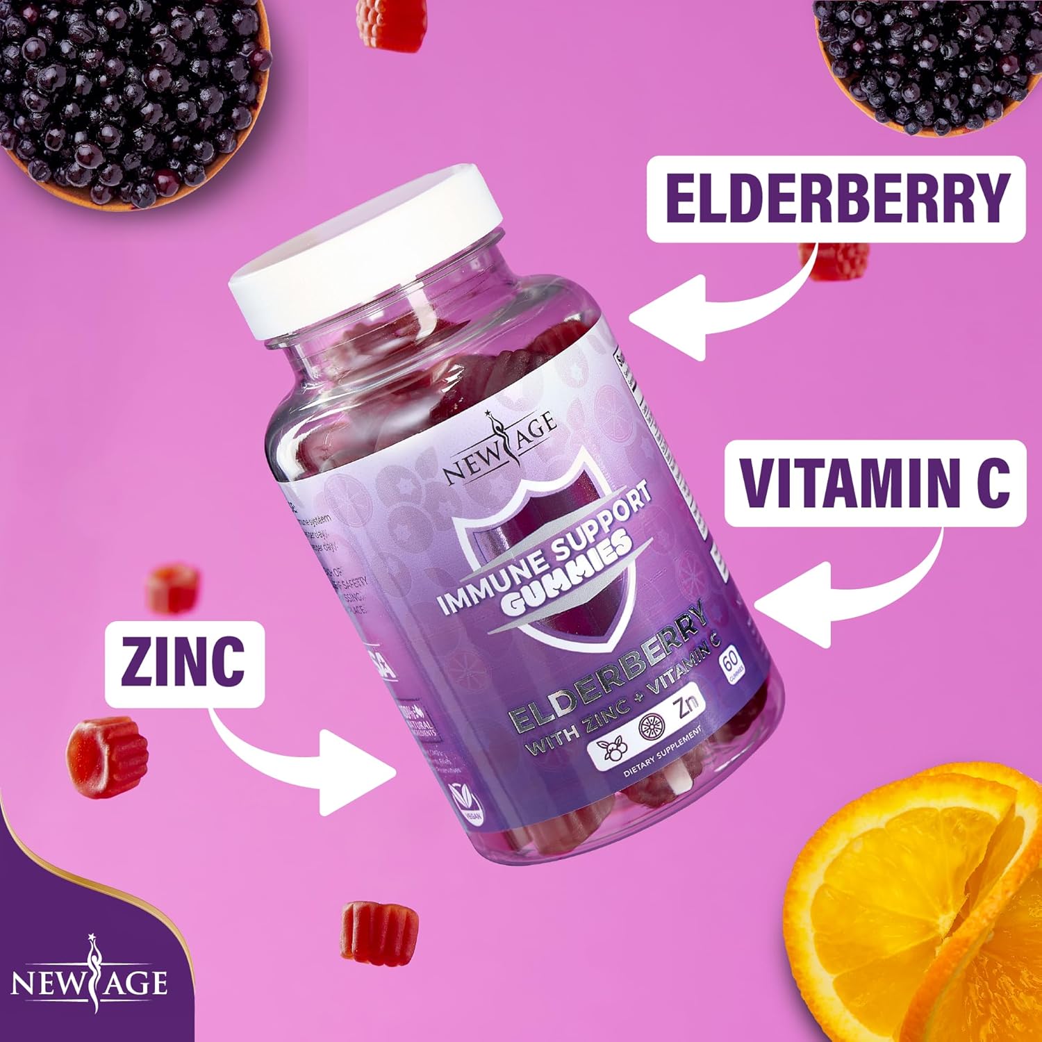 NEW AGE Sambucus Black Elderberry Gummies with Vitamin C & Zinc – Immune System Support 120 Count (Pack of 2)