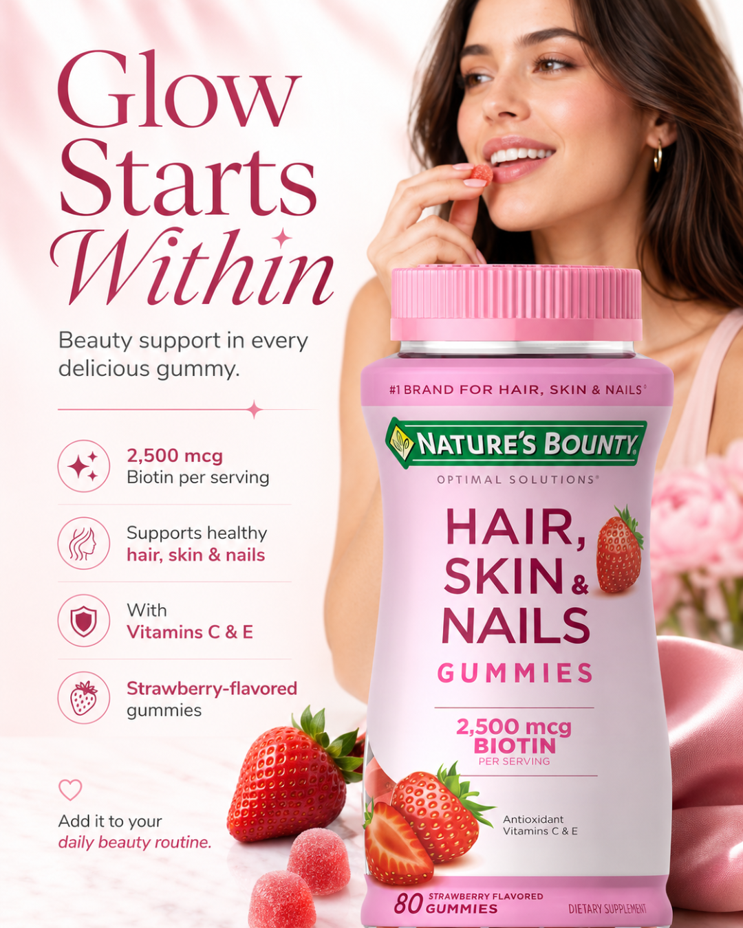 Nature’s Bounty Hair, Skin & Nails Gummies with Biotin & Collagen – Strawberry 80 Count