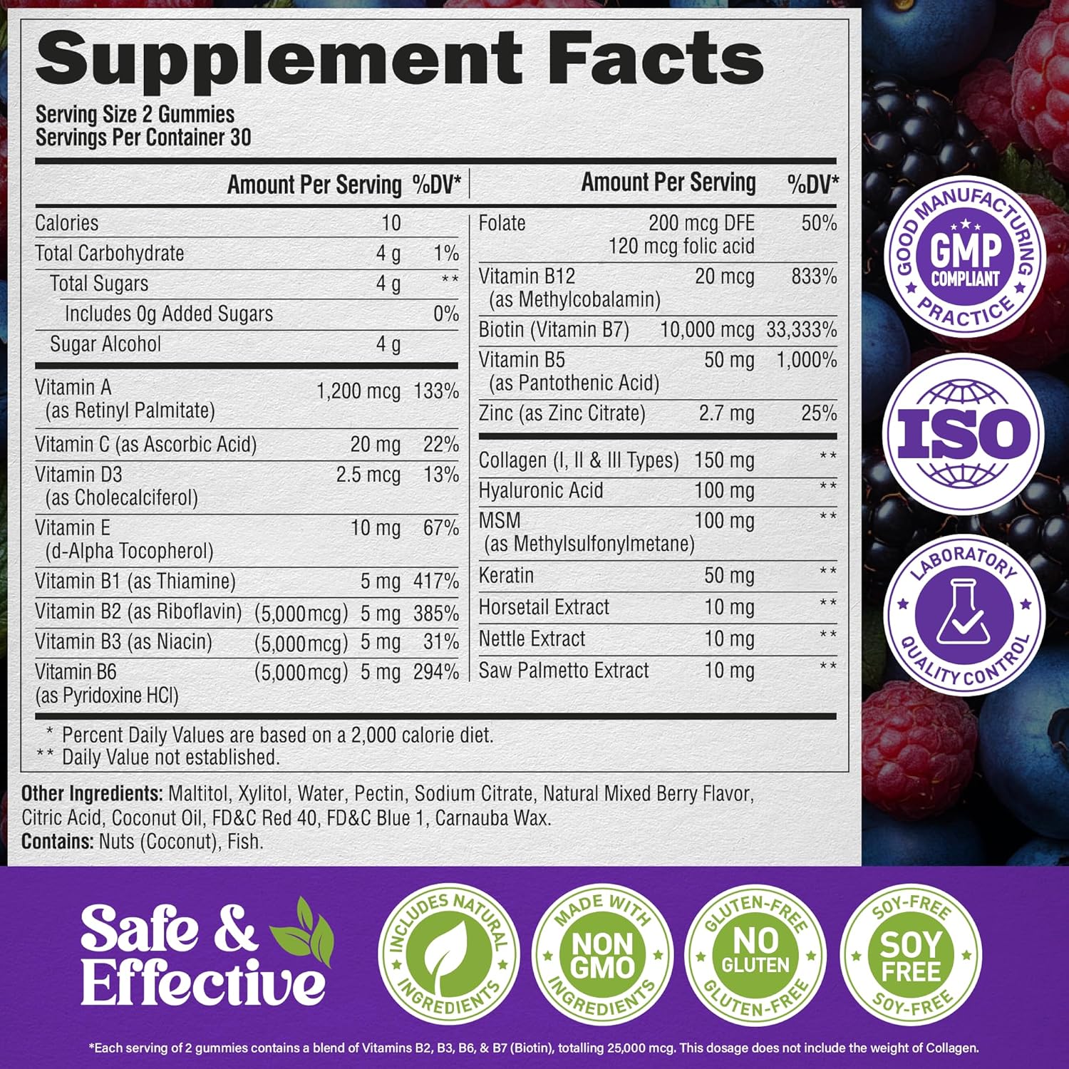 Biotin Collagen Gummies 25,000mcg with Keratin – Hair, Skin & Nails Support with Biotin 10,000mcg, B-Complex & Nettle – Sugar-Free, 60 Gummies