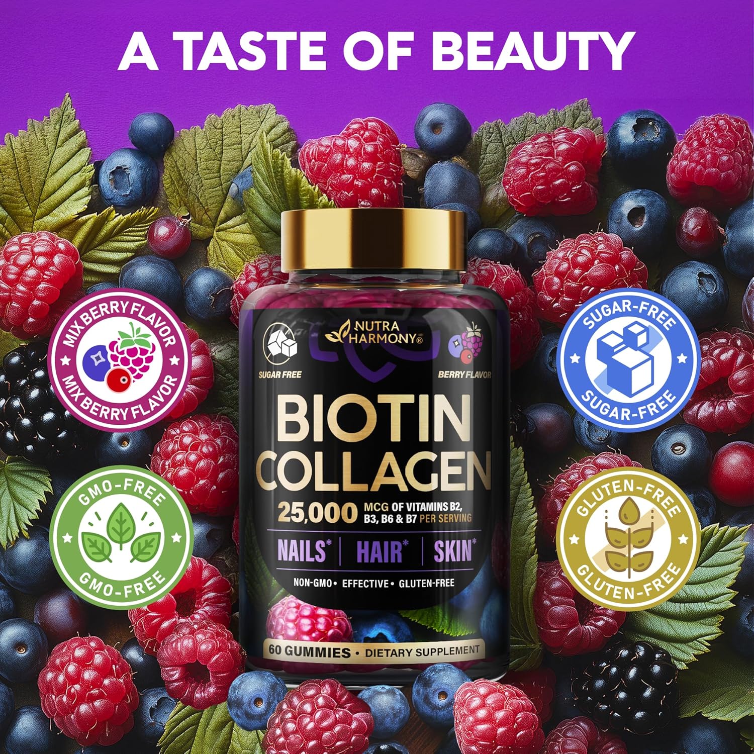 Biotin Collagen Gummies 25,000mcg with Keratin – Hair, Skin & Nails Support with Biotin 10,000mcg, B-Complex & Nettle – Sugar-Free, 60 Gummies