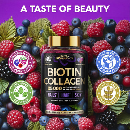 Biotin Collagen Gummies 25,000mcg with Keratin – Hair, Skin & Nails Support with Biotin 10,000mcg, B-Complex & Nettle – Sugar-Free, 60 Gummies
