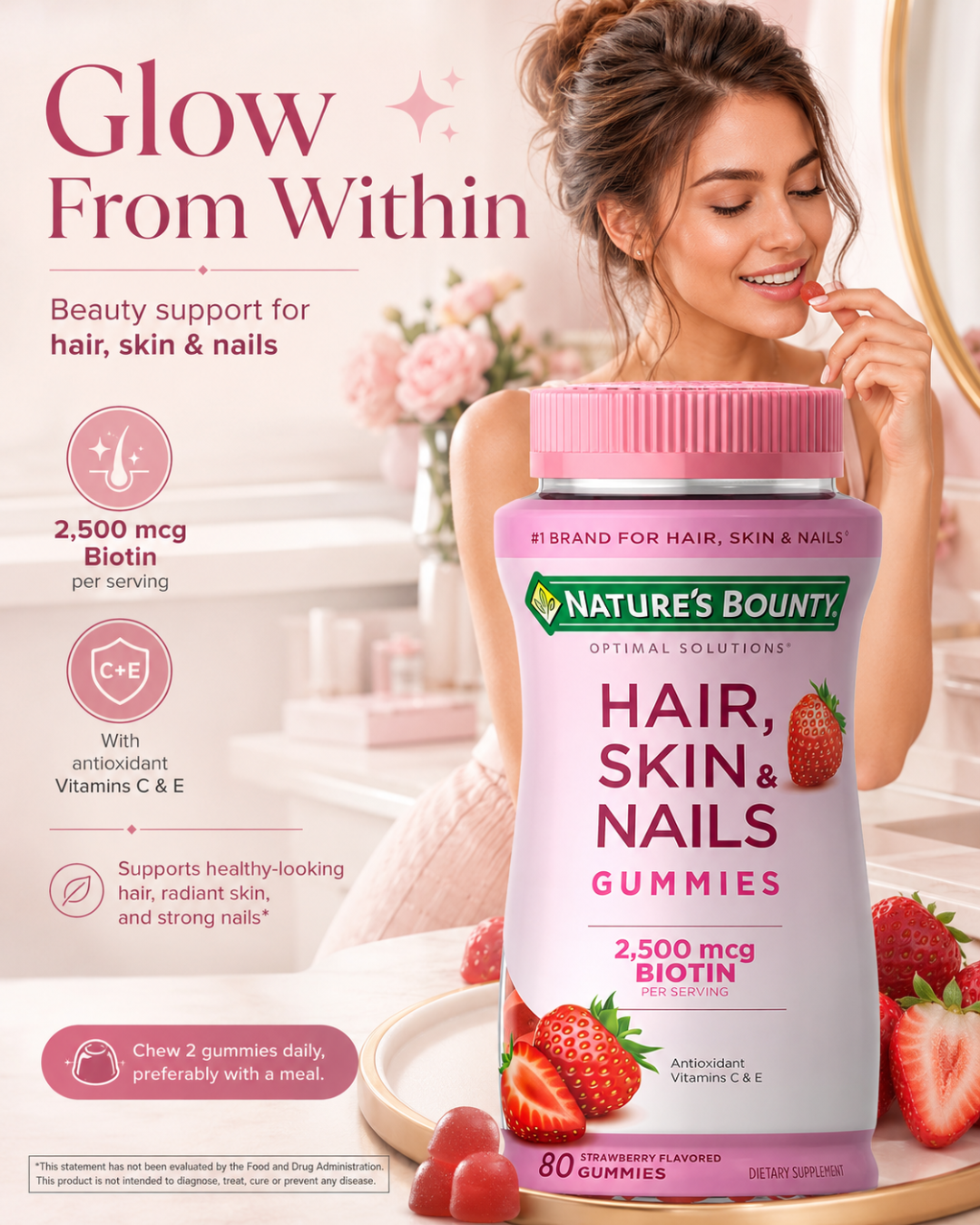 Nature’s Bounty Hair, Skin & Nails Gummies with Biotin & Collagen – Strawberry 80 Count