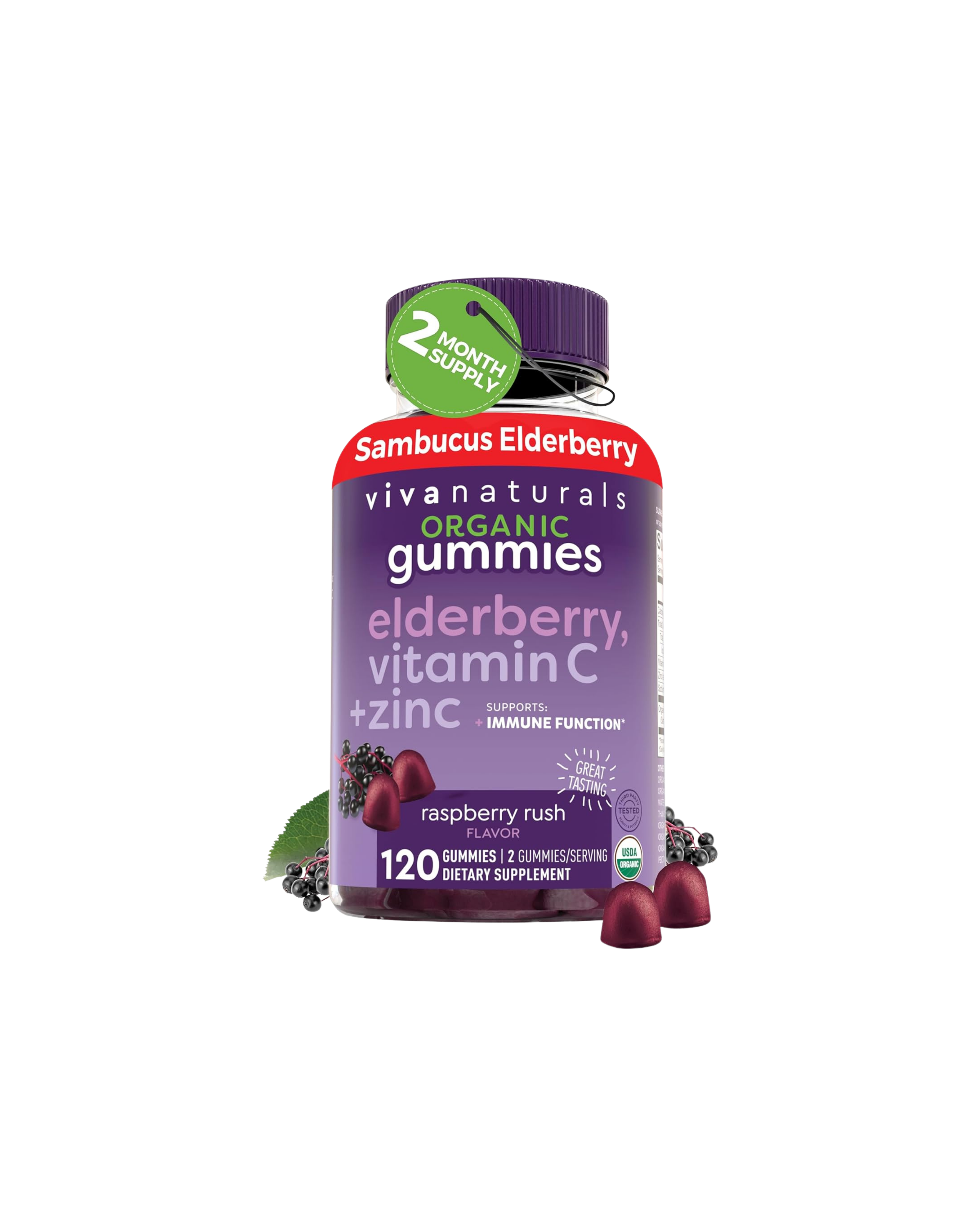 Vivanaturals Elderberry Vitamin C & Zinc Immune Support Gummies – Organic Raspberry 120 Count