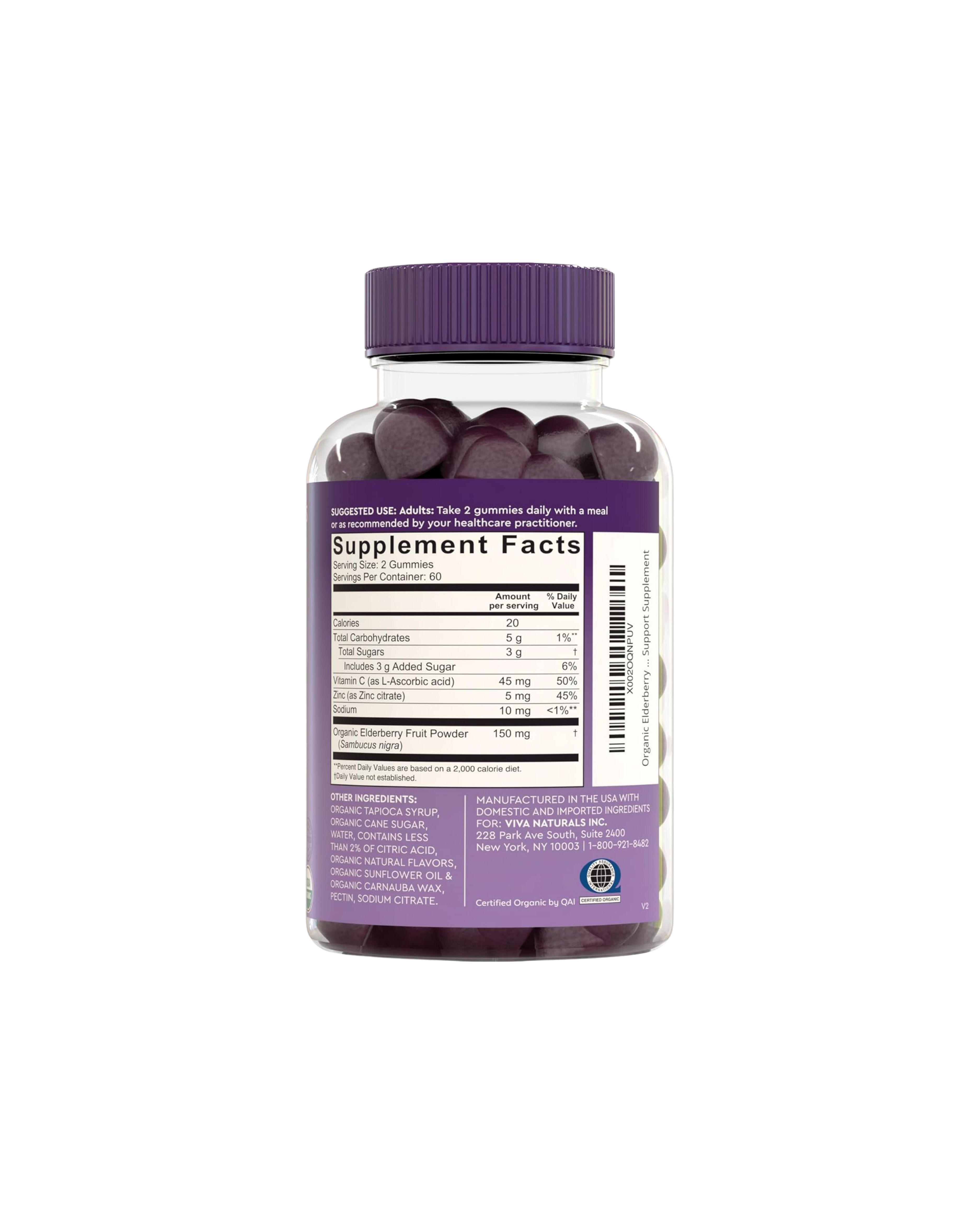 Vivanaturals Elderberry Vitamin C & Zinc Immune Support Gummies – Organic Raspberry 120 Count
