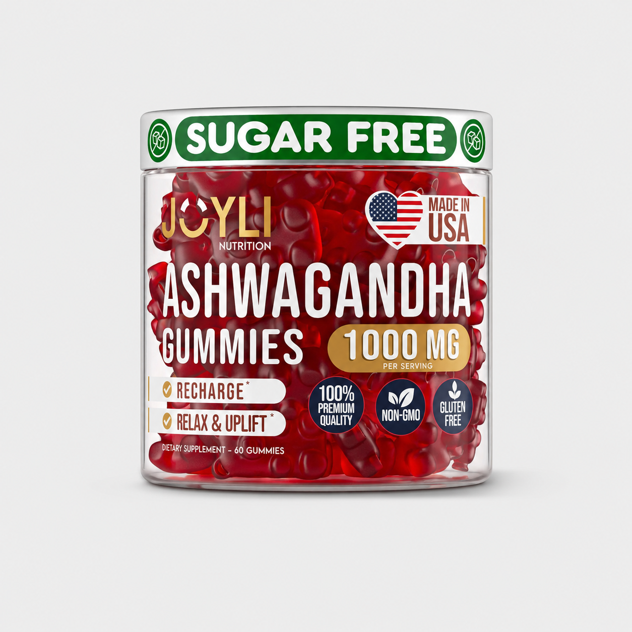Ashwagandha Gummies for Stress Relief – 1000mg Herbal Supplement with Vitamin C & Zinc – Sugar Free Vegan Calm & Mood Support – 60 Count