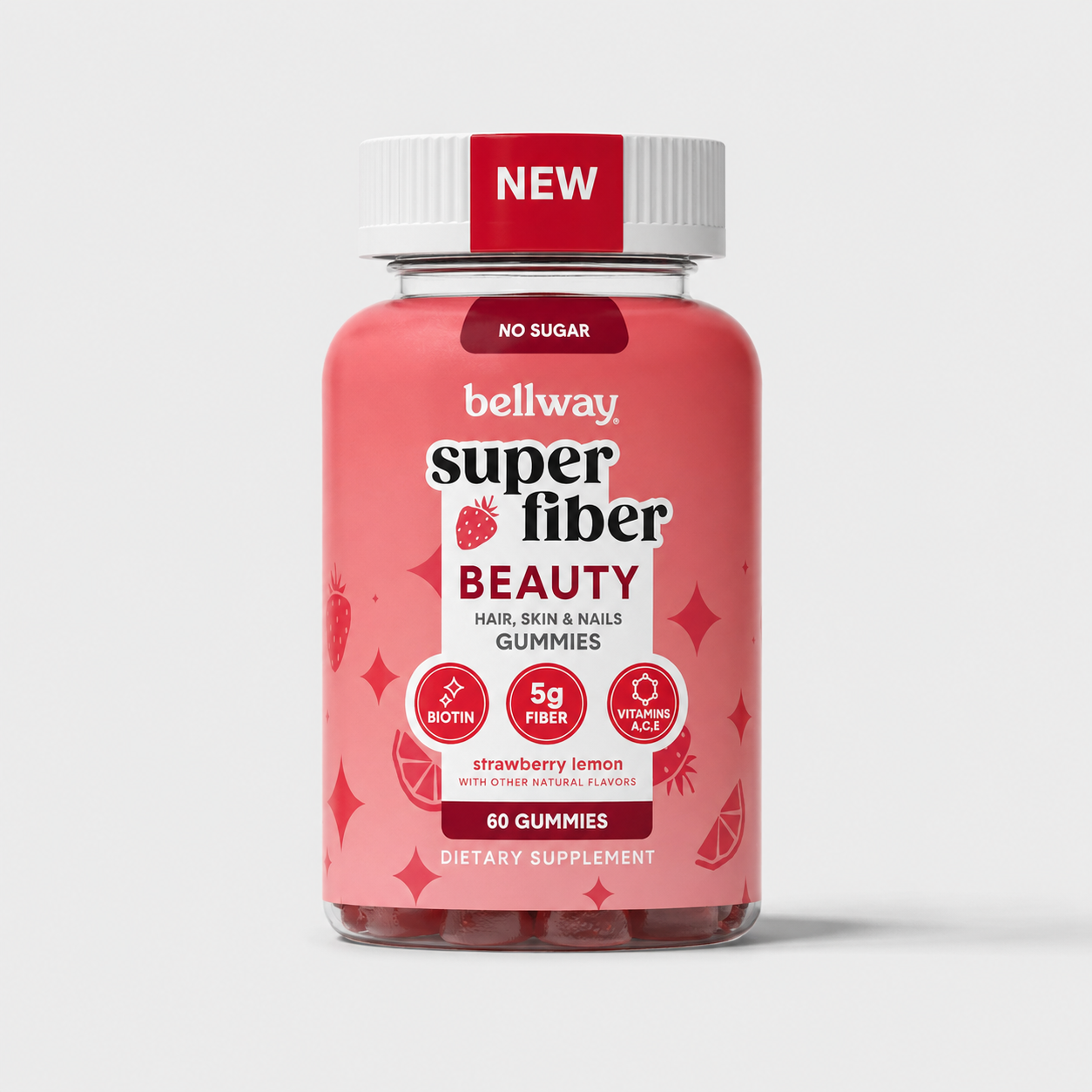 Bellway Super Fiber Gummies + Beauty – Sugar Free Fiber Supplement with Biotin & Vitamins A C E – Supports Digestive Health, Skin, Hair & Nails – Strawberry Lemon, 60 Count