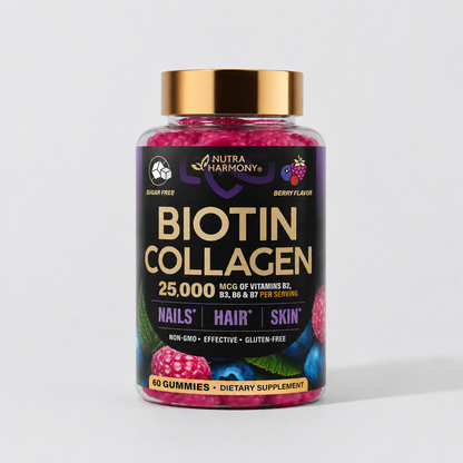 Biotin Collagen Gummies 25,000mcg with Keratin – Hair, Skin & Nails Support with Biotin 10,000mcg, B-Complex & Nettle – Sugar-Free, 60 Gummies
