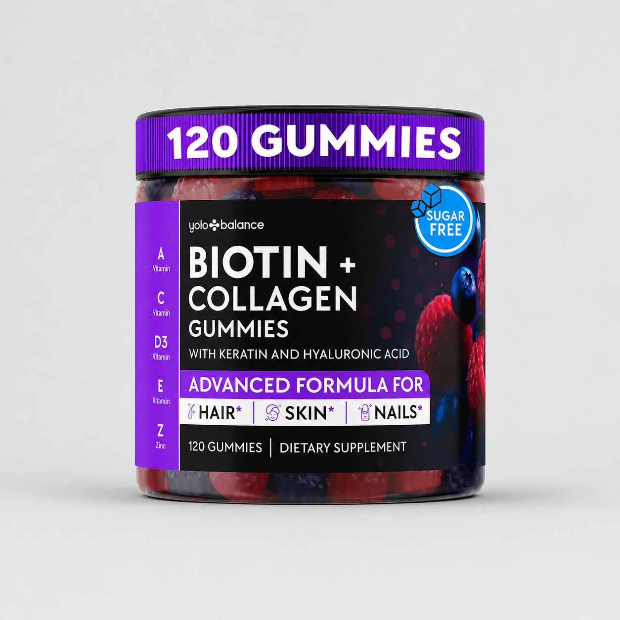 Biotin Gummies 10000mcg for Hair Growth Support – Sugar Free Multi Collagen with Keratin, Silica & Hyaluronic Acid – Hair Skin & Nails Vitamins – 120 Count