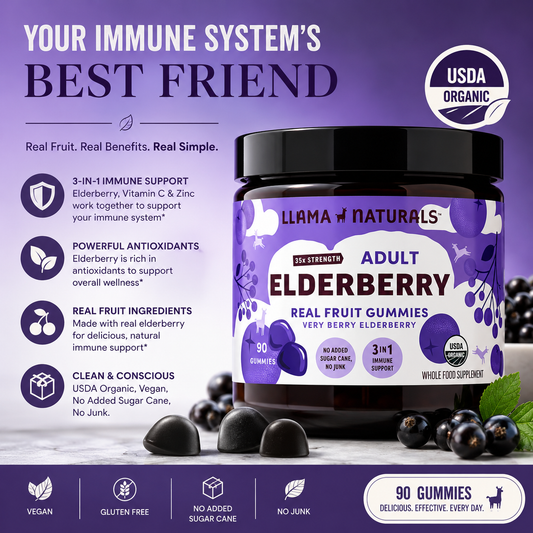 Llama Naturals Organic Elderberry Gummies with Vitamin C & Zinc – Vegan Immune Support 90 Count