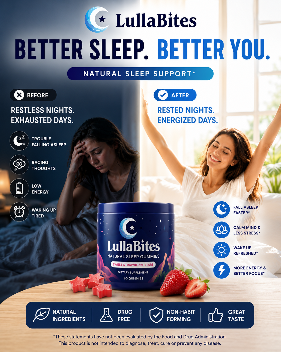 LullaBites Natural Sleep Gummies – Melatonin Free Sleep Support with L-Theanine & Magnesium