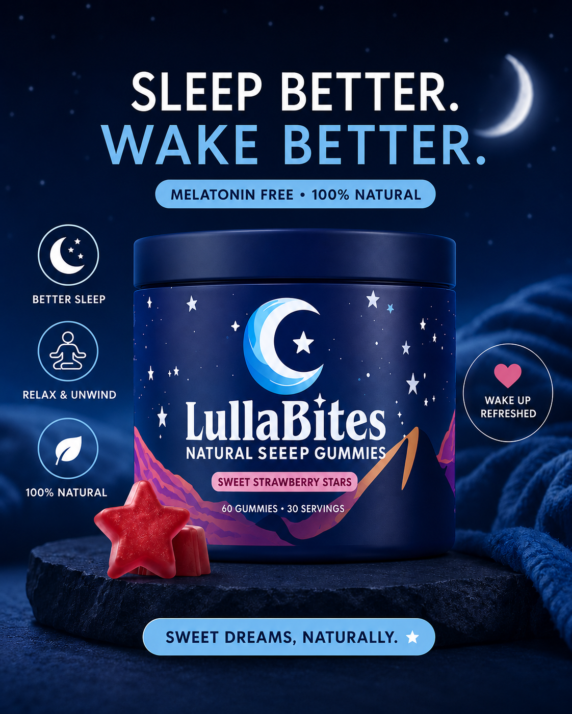LullaBites Natural Sleep Gummies – Melatonin Free Sleep Support with L-Theanine & Magnesium
